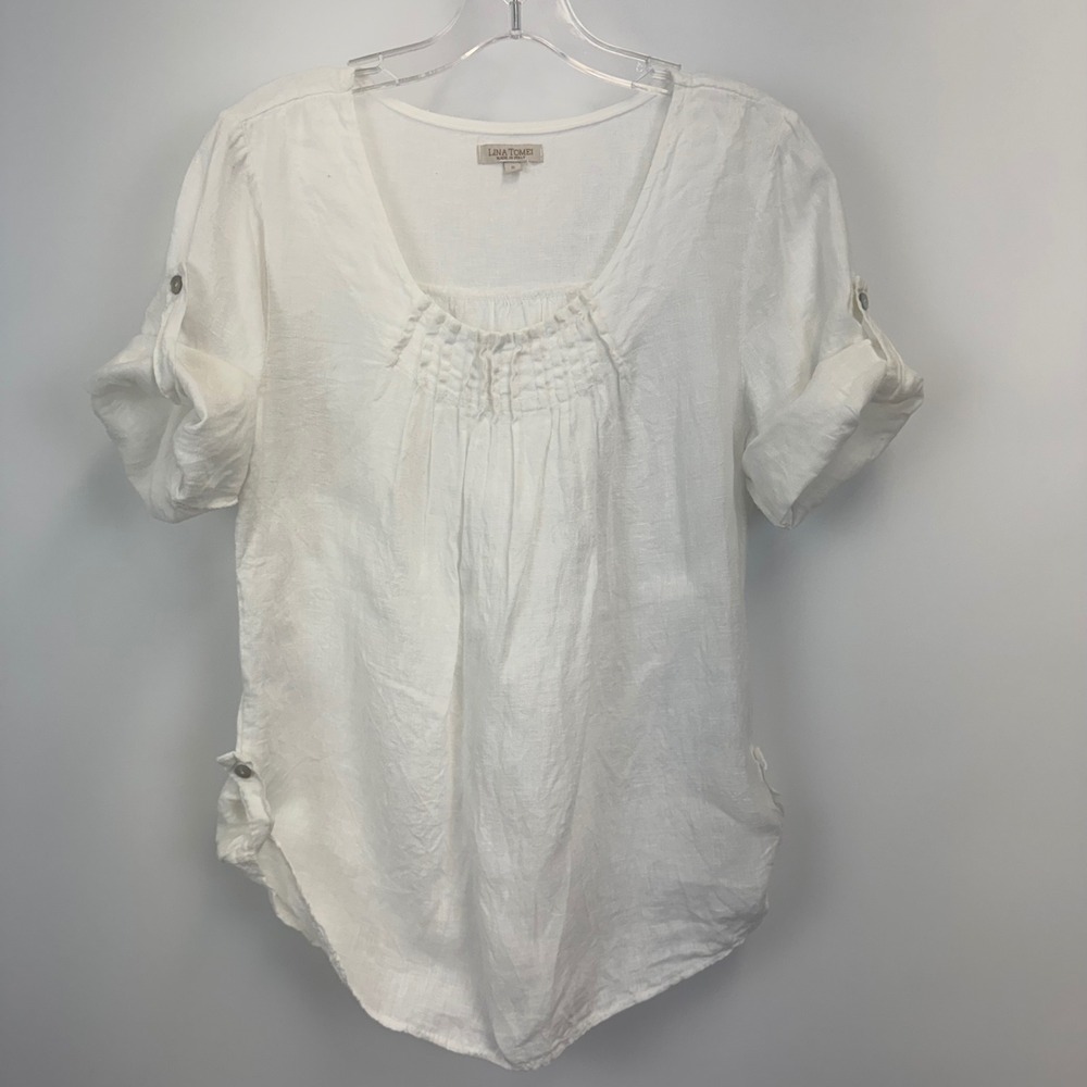 Lina Tomei White Linen Roll Tab Sleeve Blouse Made in Italy Womens Small